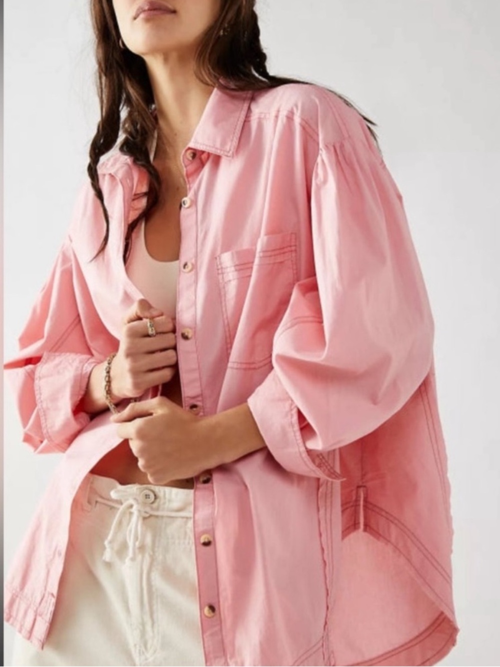 Free People Happy Hour Poplin Button Down Top Pink 100% Cotton Small